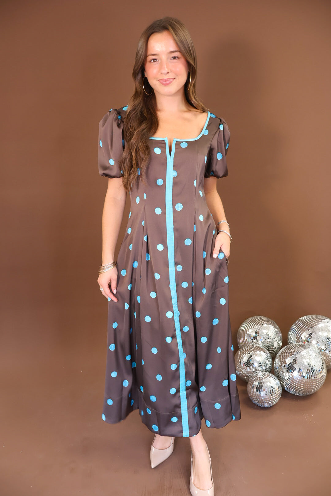 Satin Polka Dot Midi Dress with Pockets