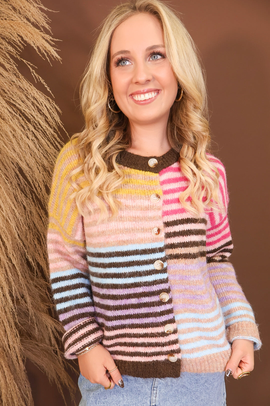 Model wearing the Multi Striped Cardigan from Moda Boutique