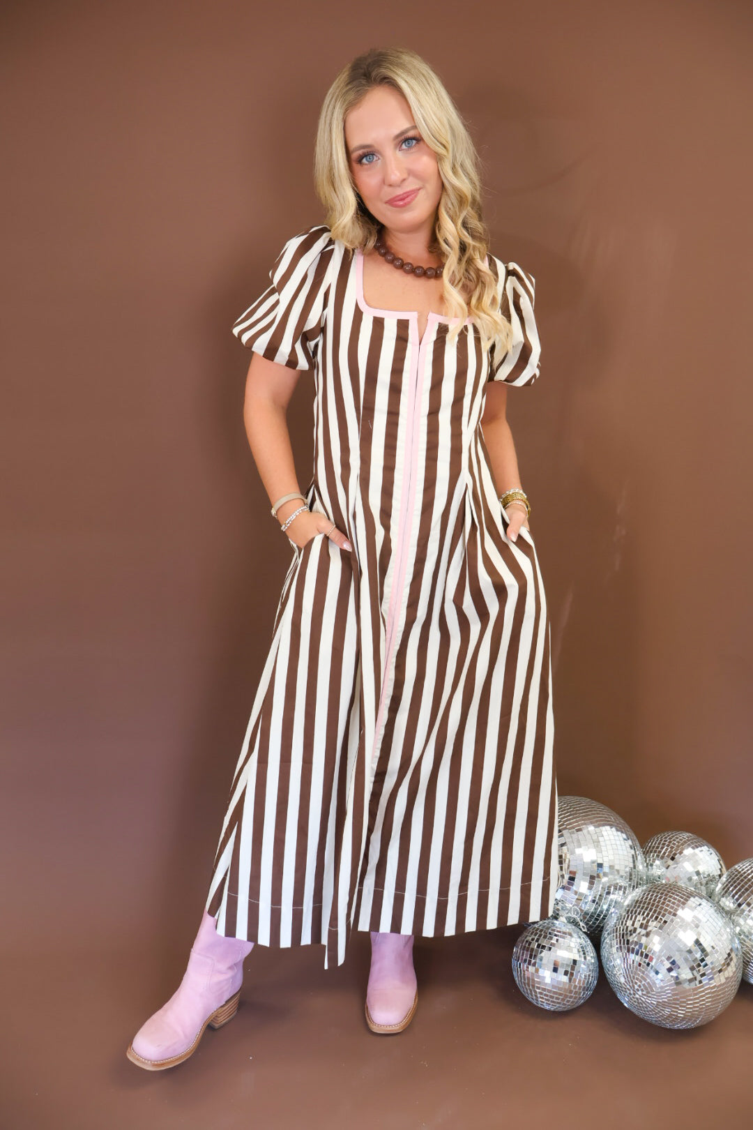 Brown & White Stripe Maxi Dress with Pink Trim