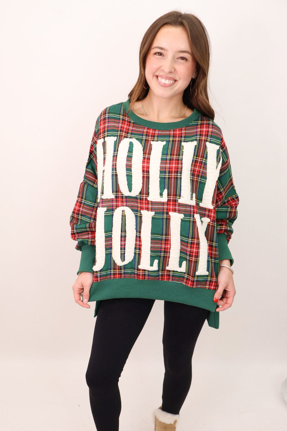 Green Plaid Chenille Patch Holly Jolly Pullover