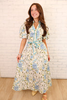 Blue Floral Tie Waist Midi Dress