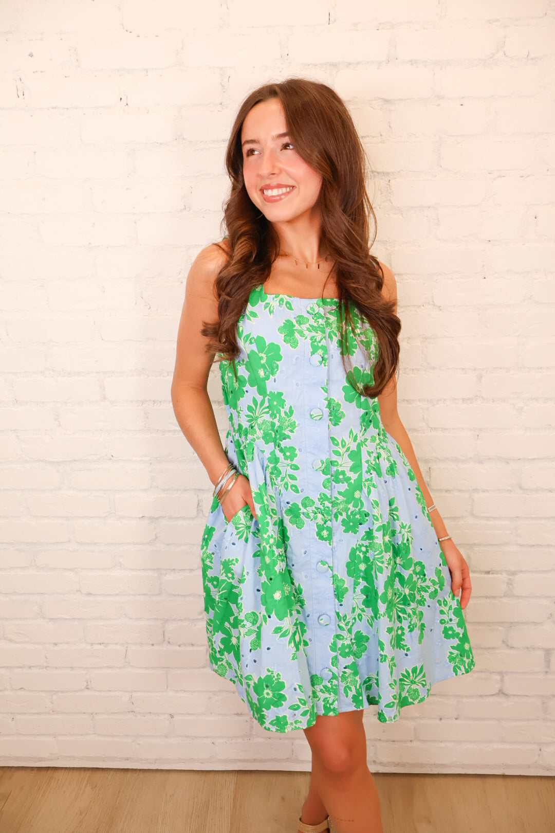 Square Neck Floral Eyelet Dress - Blue/Green