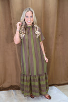 Olive Printed Tie-Back Midi Dress — front view.