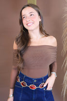 Chocolate mesh off shoulder long sleeve bodysuit