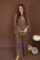 Brown Floral Long Sleeve Midi Dress — full front view.