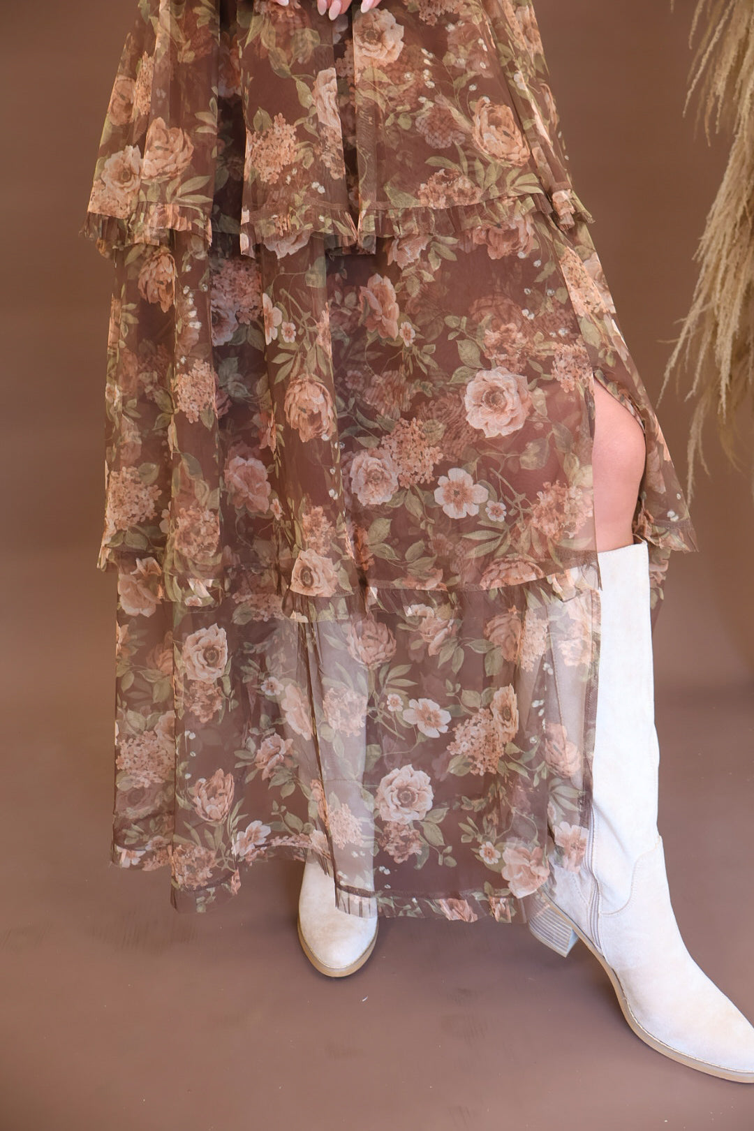 Chocolate floral mesh dress with ruffle straps and side slit