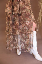 Chocolate floral mesh dress with ruffle straps and side slit
