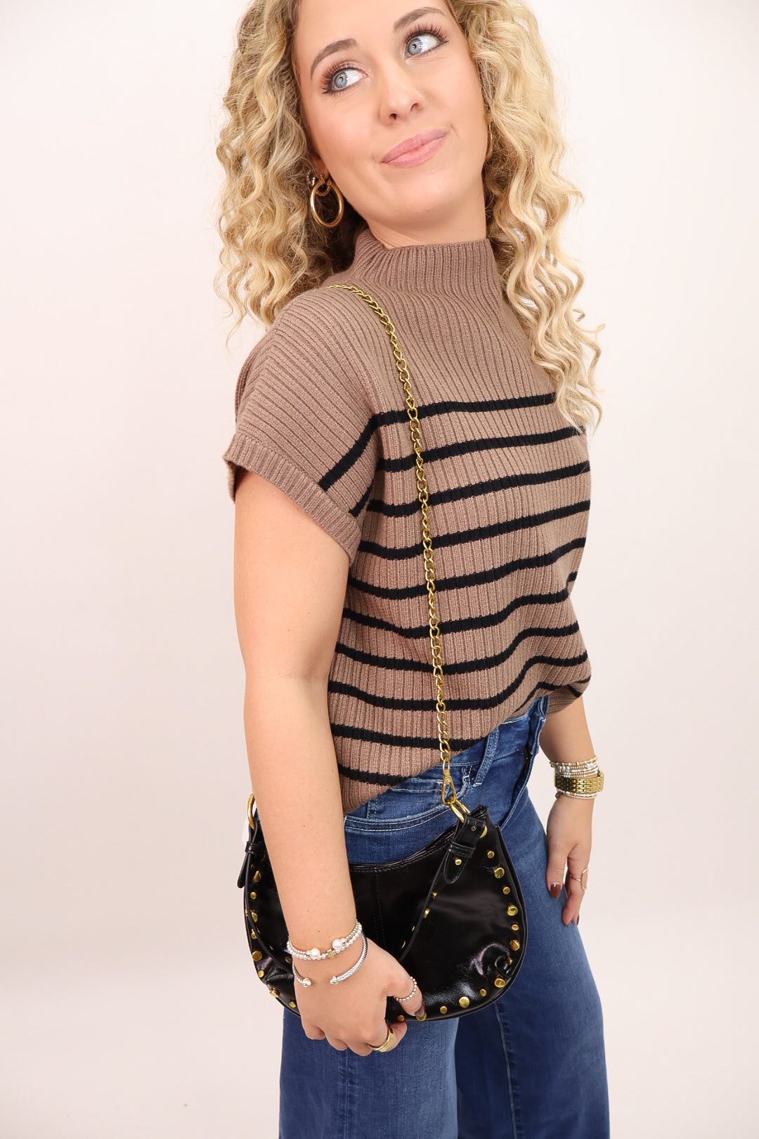 The Studded Faux Leather Shoulder Bag - Black