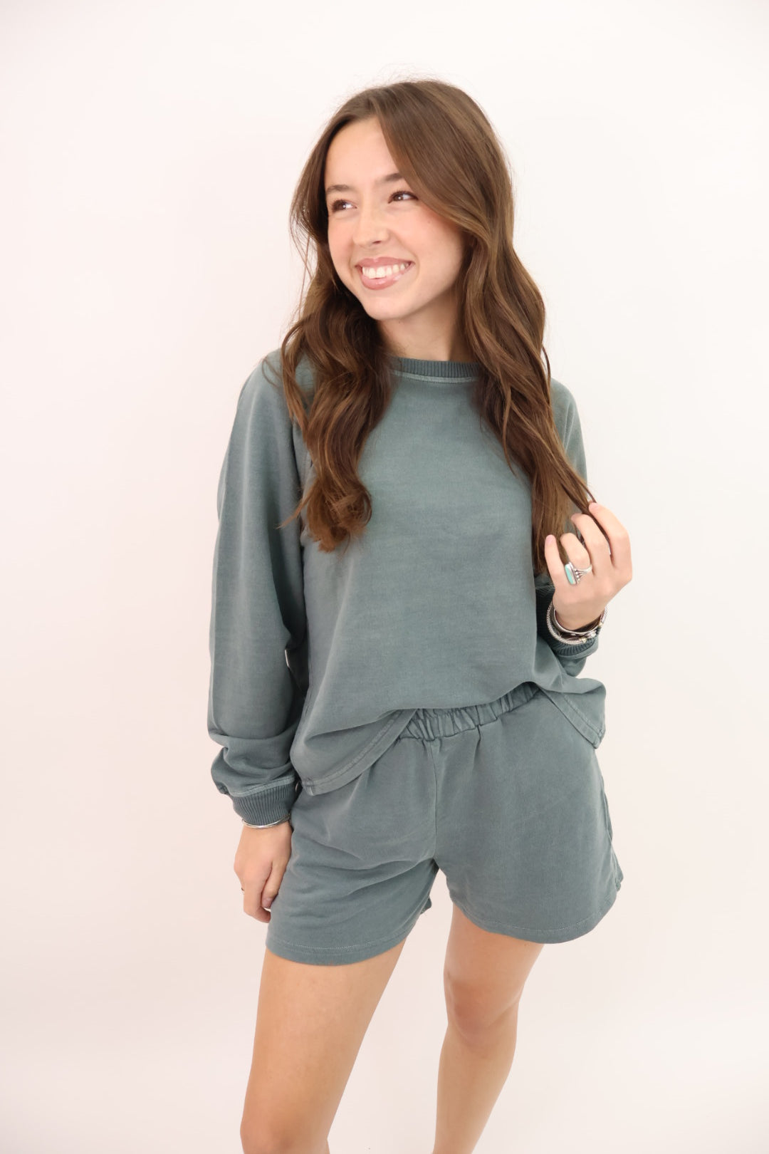 Washed Pullover and Shorts Set - Jade