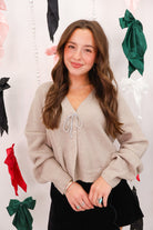 Mocha Rhinestone Bow Embellished Mocha Sweater