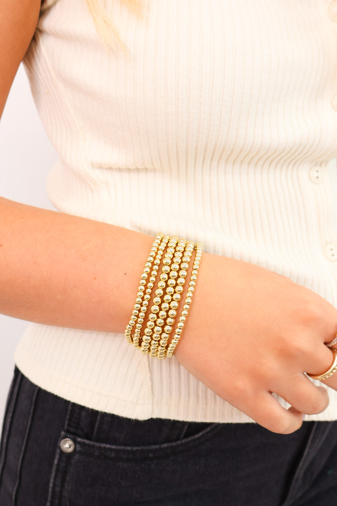 Gold Beaded Stretch Stack Bracelet – Medium + Small Beads