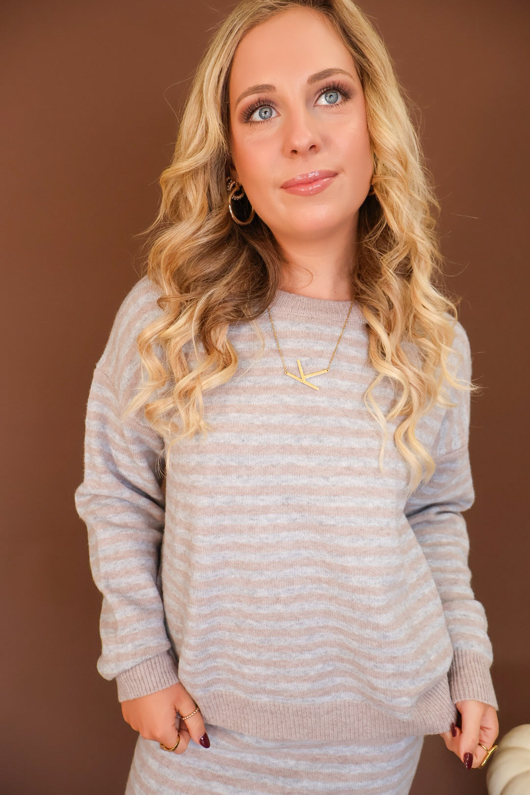 Heather Gray Striped Sweater And Mini Skirt Set — close-up of round neckline and stripes.