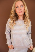 Heather Gray Striped Sweater And Mini Skirt Set — close-up of round neckline and stripes.