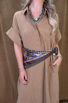 Camel Collared Short Sleeve Midi Dress — close-up of scarf waist styling and cuffed sleeves.