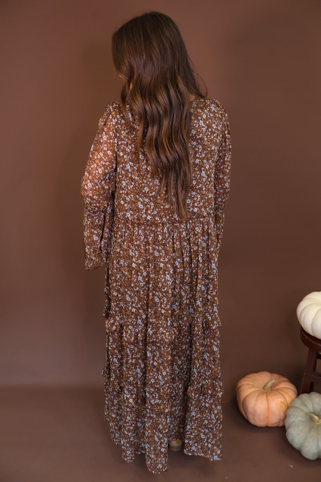 Brown Floral Long Sleeve Midi Dress — back view.