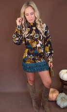 Retro Floral Fringe Trim Mini Skirt Set — full outfit with tall boots.