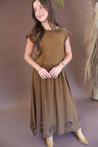 Chocolate eyelet cutout boxy top and skirt set
