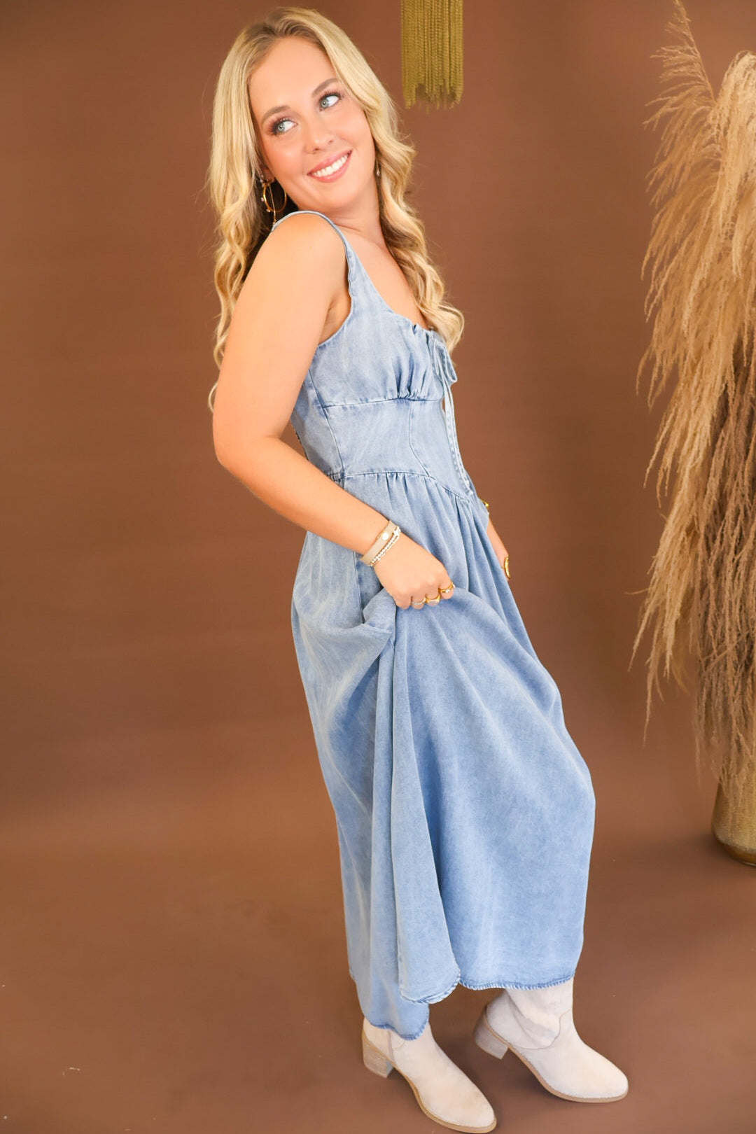 Chambray corset midi dress with tie-front detail