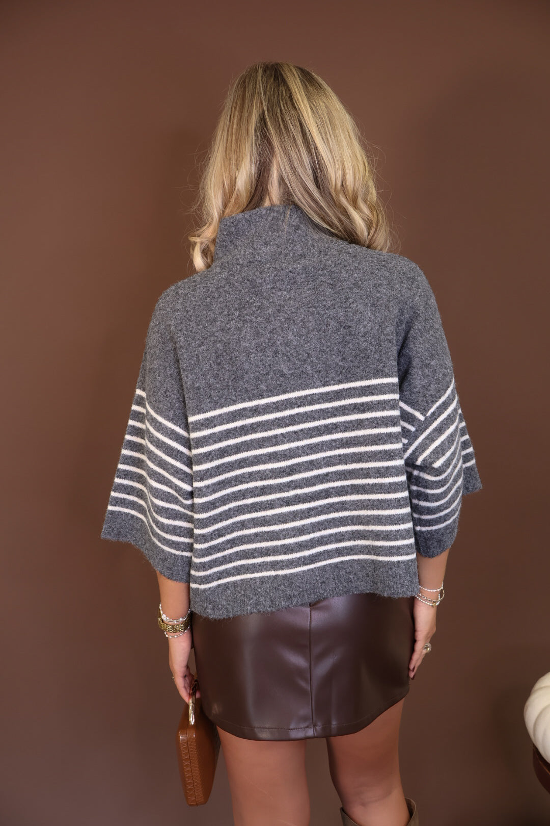 Gray Striped Henley Sweater — back view.
