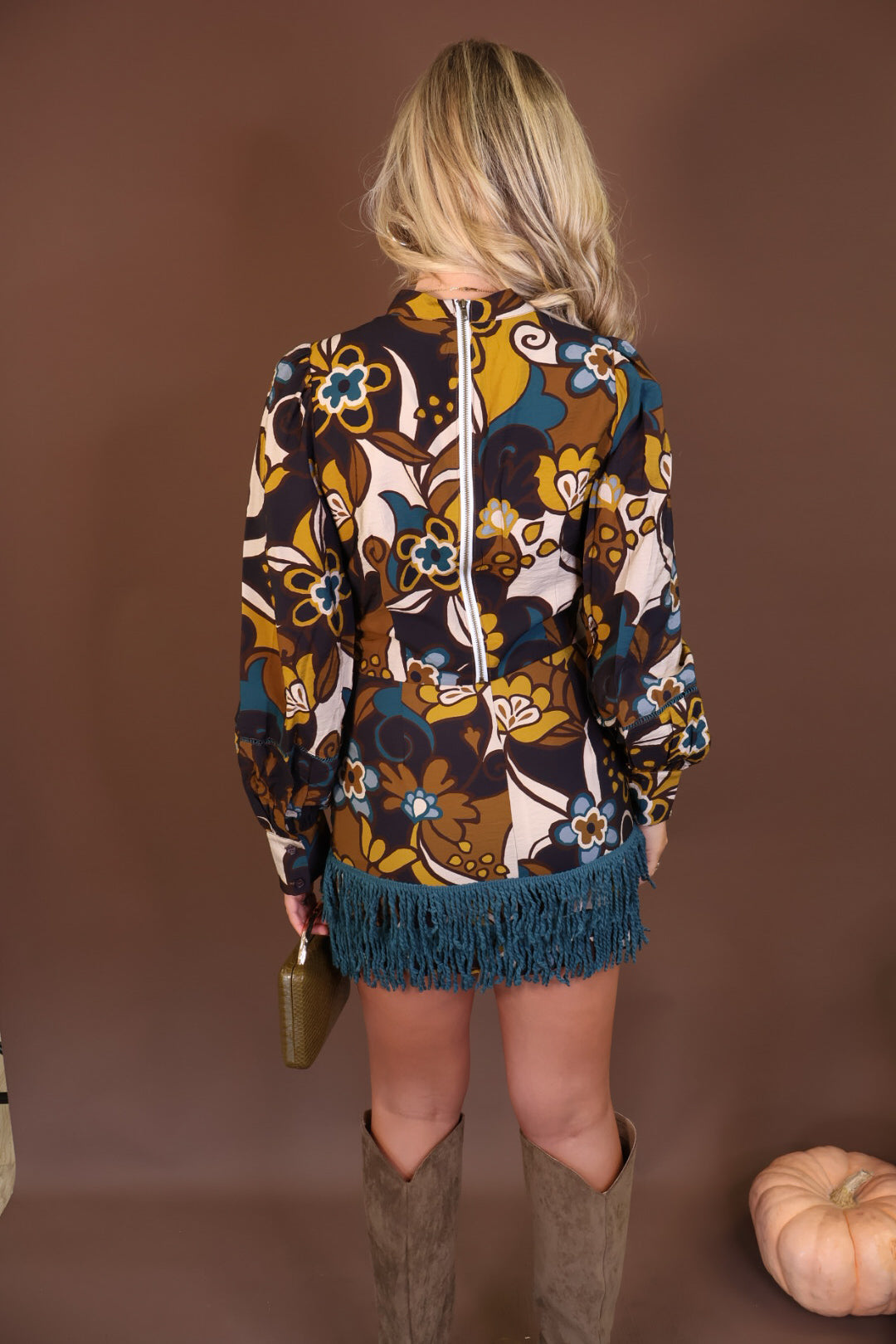 Retro Floral Fringe Trim Mini Skirt Set — back view.