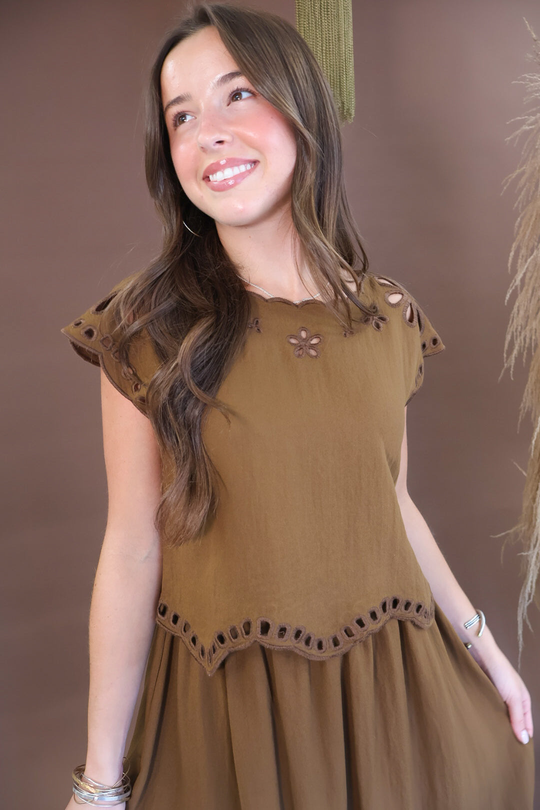 Chocolate eyelet cutout boxy top and skirt set