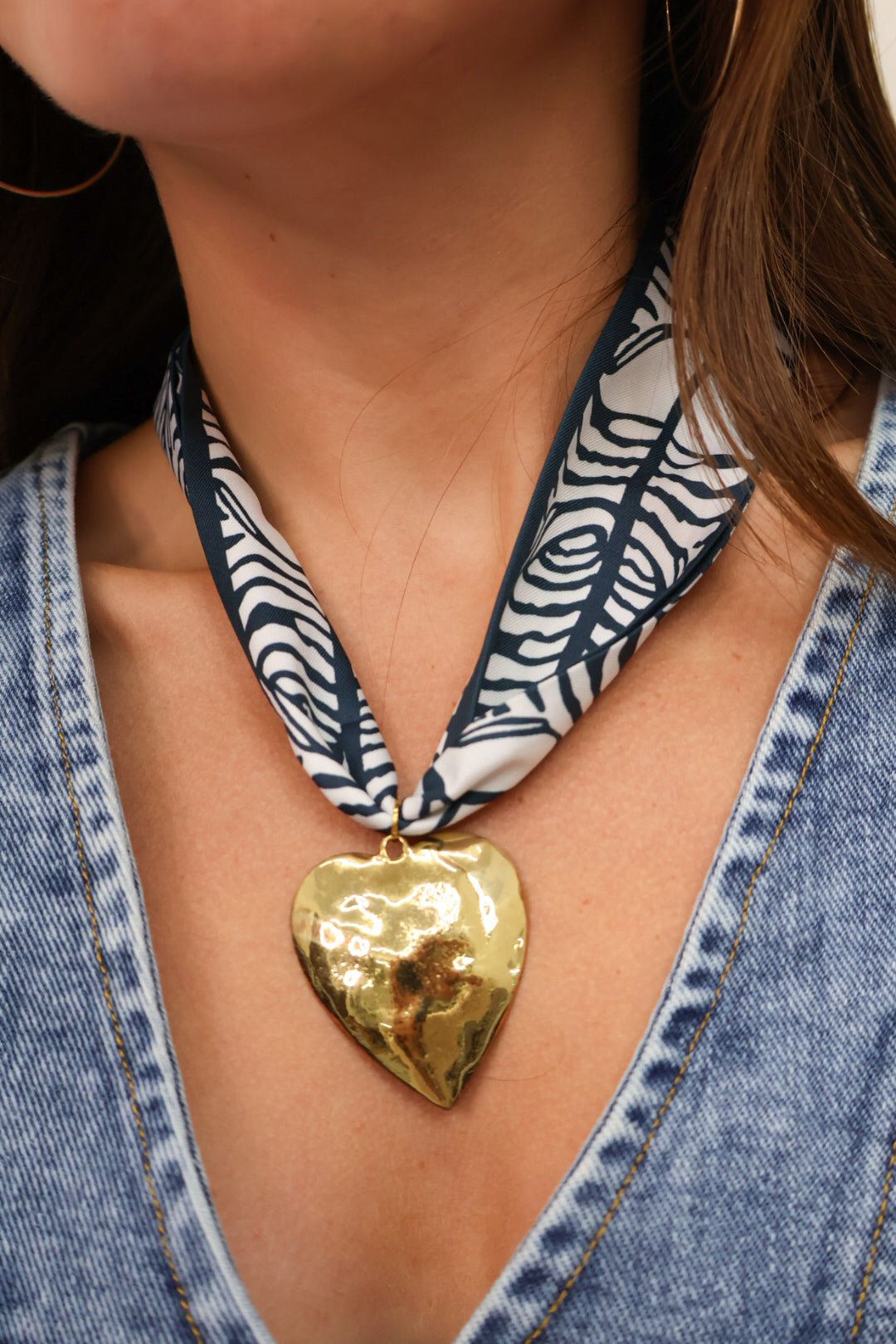 Zebra Scarf Necklace with Hammered Heart Pendant