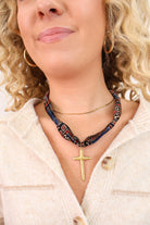 Gold Cross Navy Scarf Necklace