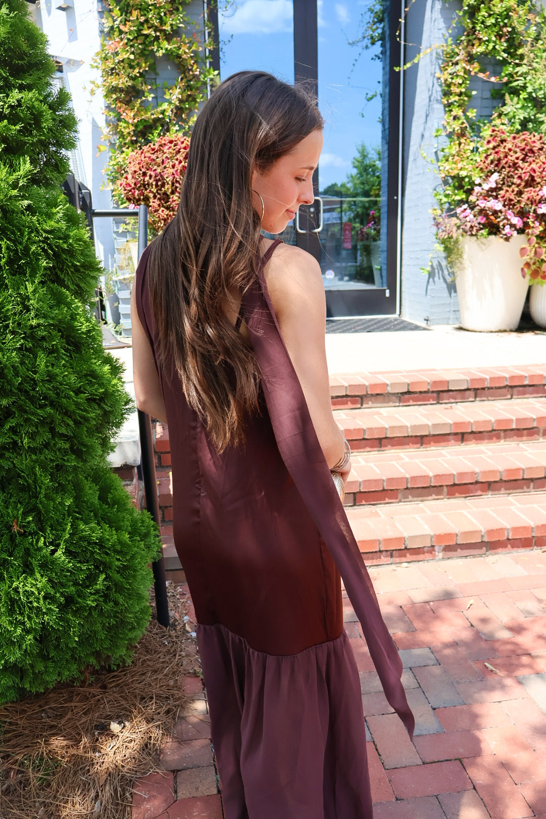 Chocolate brown satin slip maxi dress with adjustable straps and a detachable neck scarf
