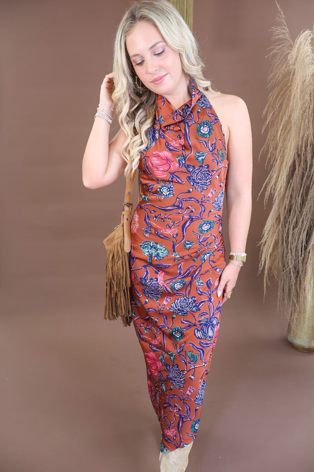 Rust floral satin cowl neck maxi dress with open back