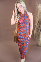Rust floral satin cowl neck maxi dress with open back