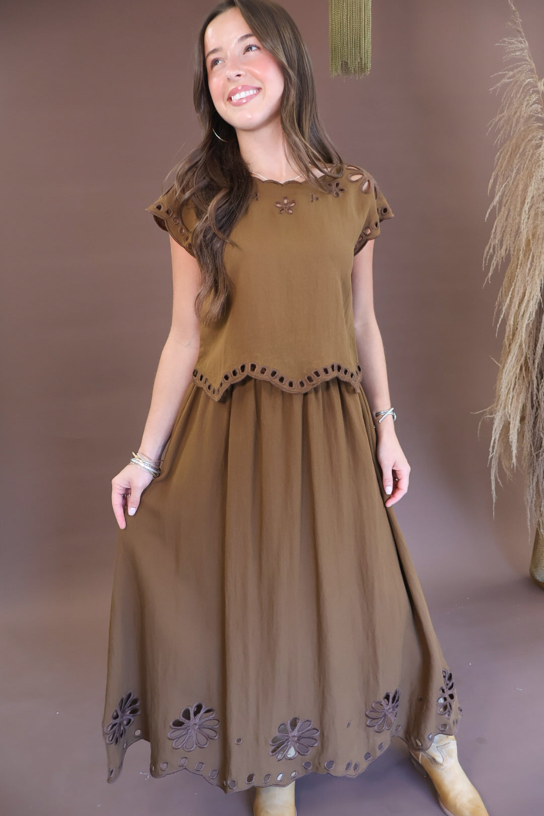 Chocolate eyelet cutout boxy top and skirt set