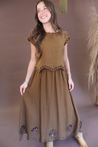 Chocolate eyelet cutout boxy top and skirt set