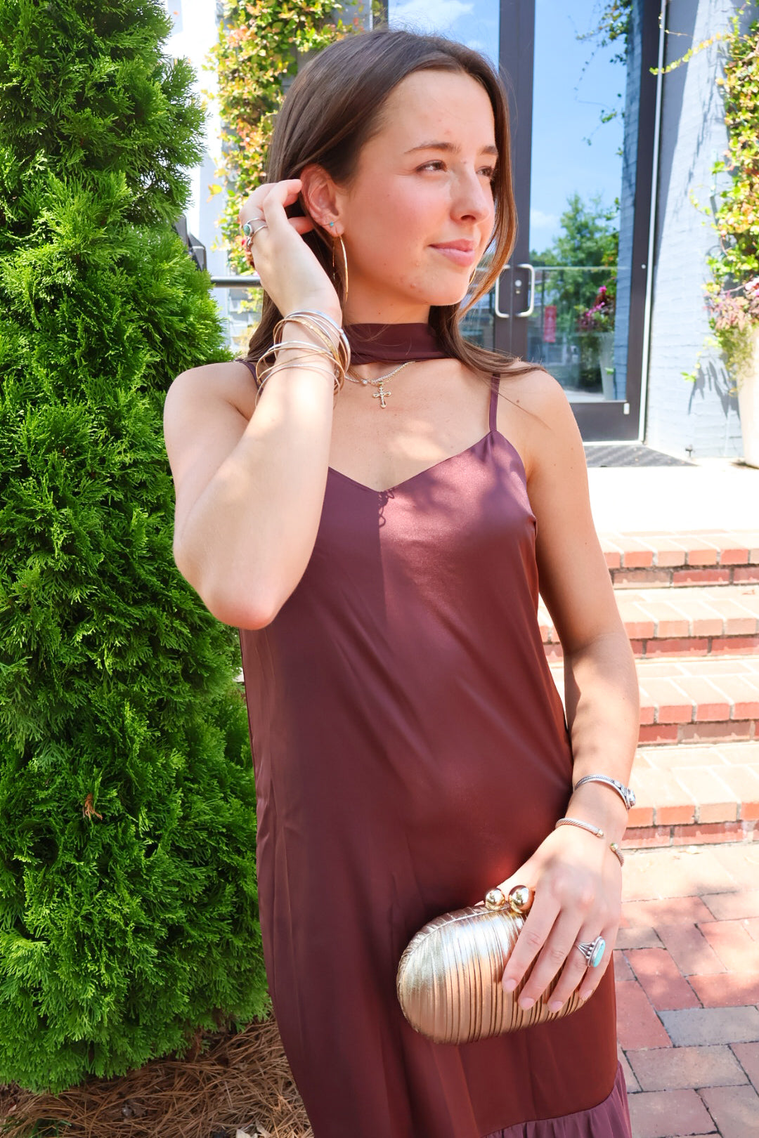 Chocolate brown satin slip maxi dress with adjustable straps and a detachable neck scarf