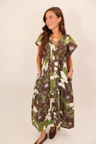 Olive & Brown Floral Button-Front Midi Dress