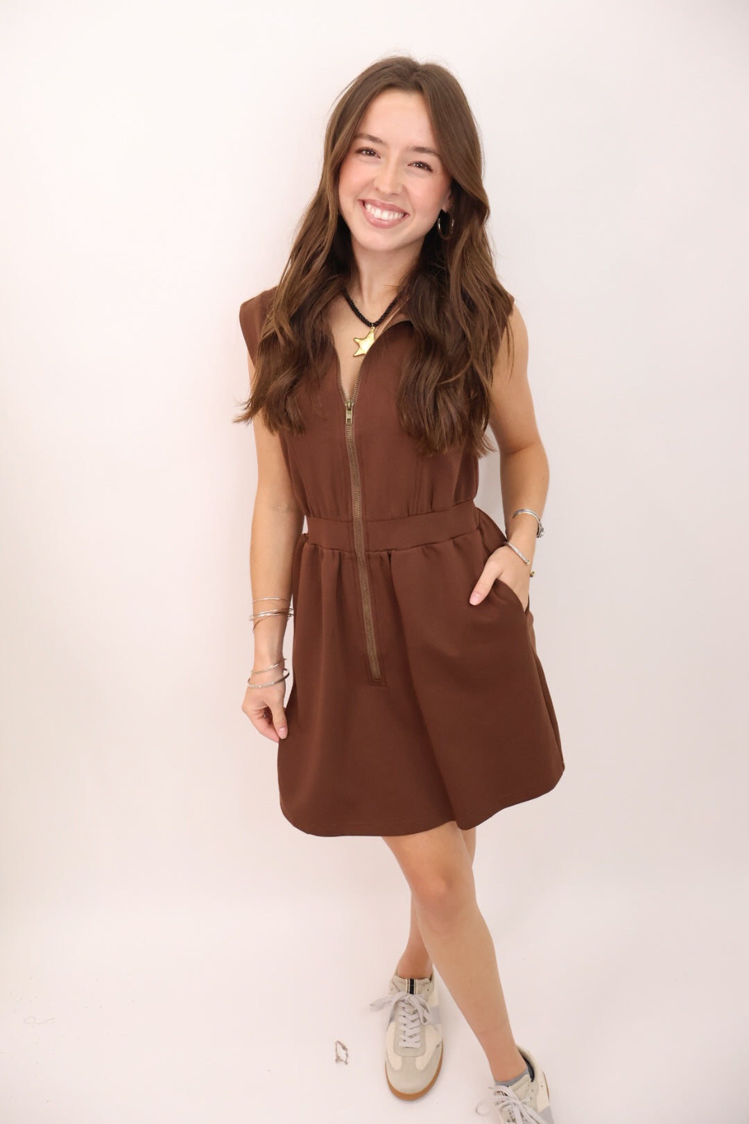 Zip-Front Sleeveless Dress - Mocha