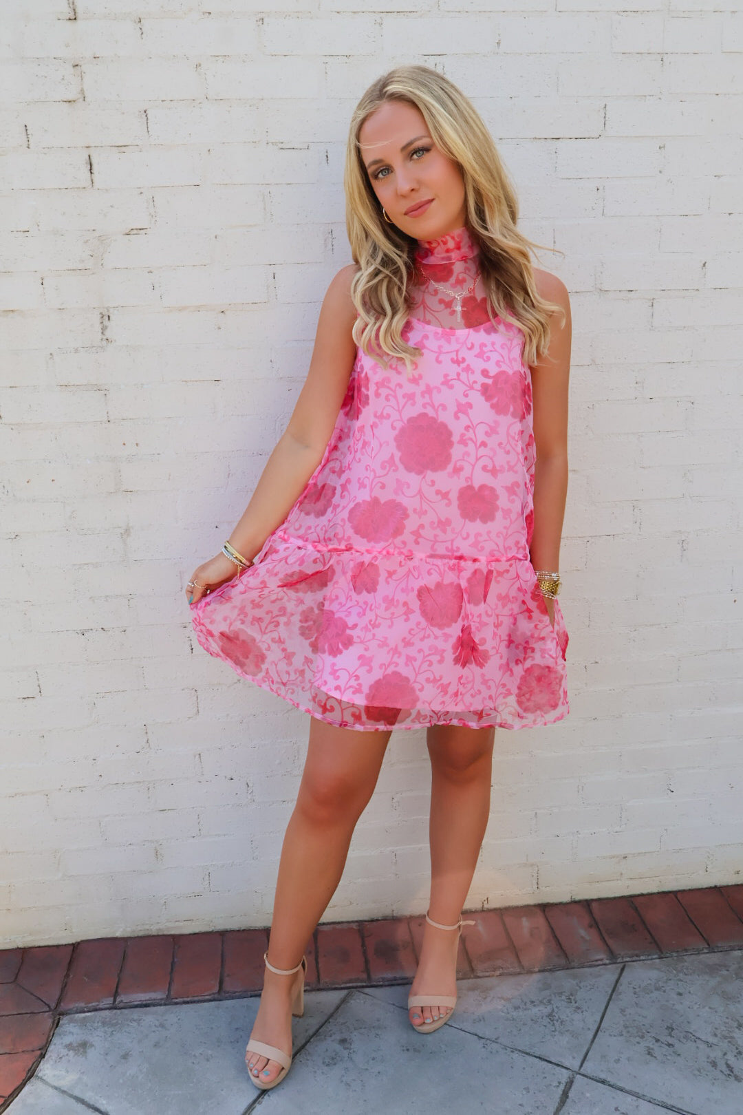 Rosé Garden High Neck Pink Floral Dress