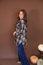 Plaid Button-Front Tunic Top — side view showing tunic length.