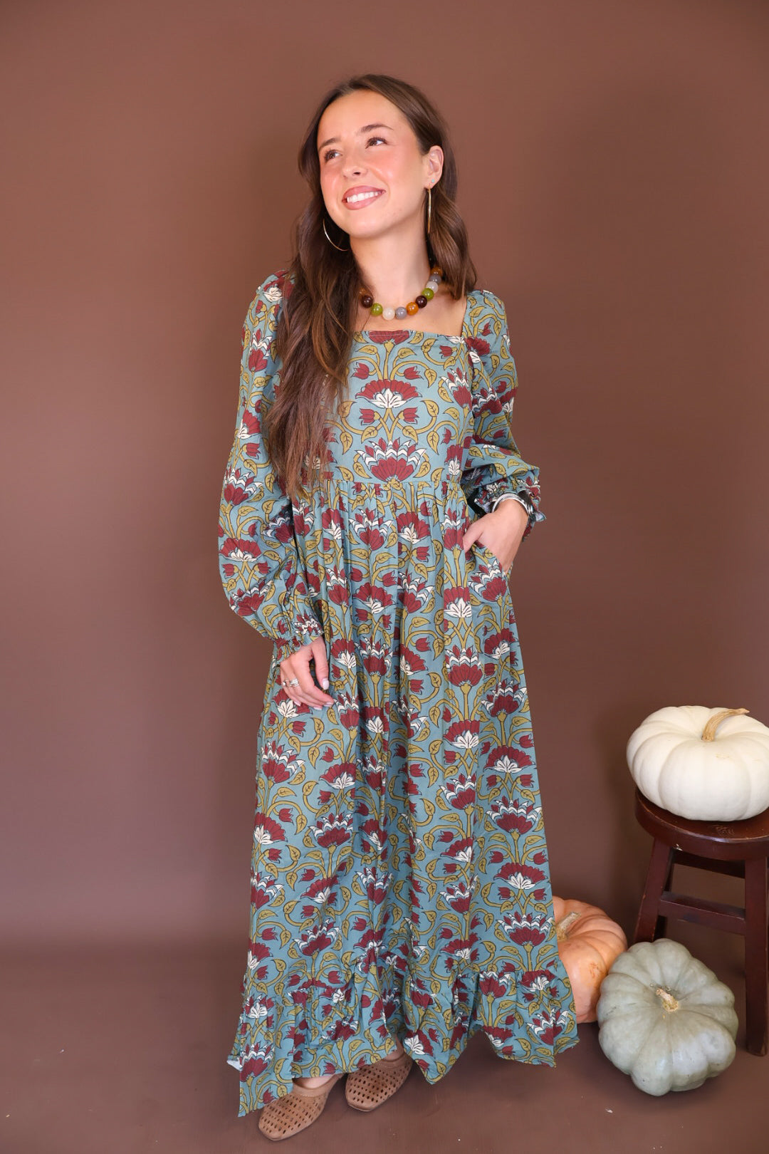 Sage And Burgundy Floral Long Sleeve Maxi Dress — front view.