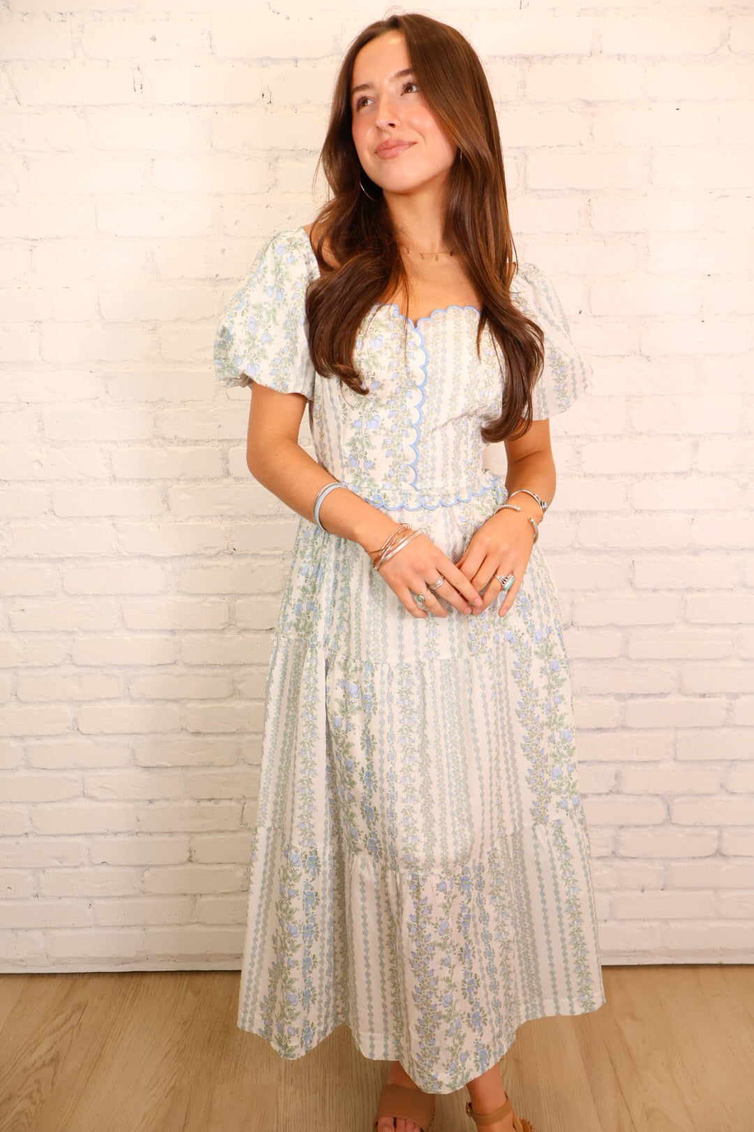 Blue Scalloped Puff Sleeve Midi Dress