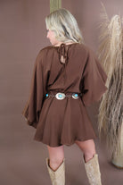Chocolate balloon sleeve satin mini dress with mock neckline and elastic waist