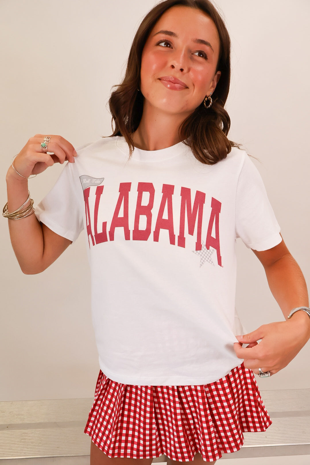 White Alabama arched graphic crop tee with pennant and checkered star — view 6