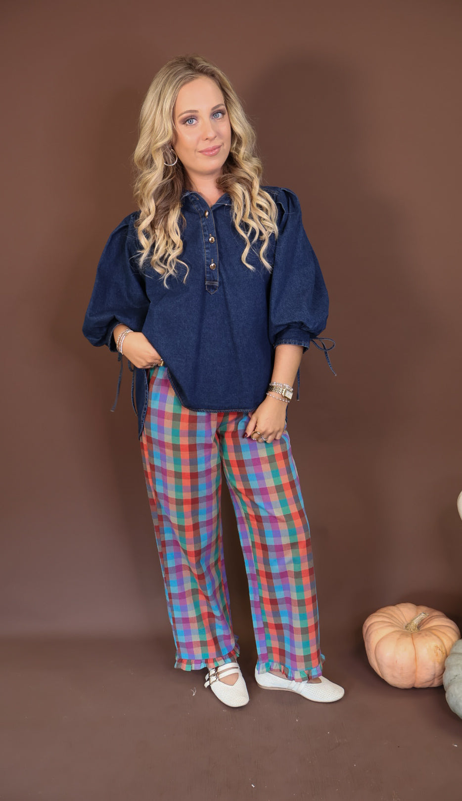 Dark Denim Balloon Sleeve Top — full outfit with plaid pants.