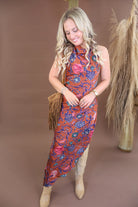 Rust floral satin cowl neck maxi dress with open back