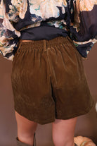 Olive Brushed Velvet Trouser Shorts — back view showing elasticated waistband.