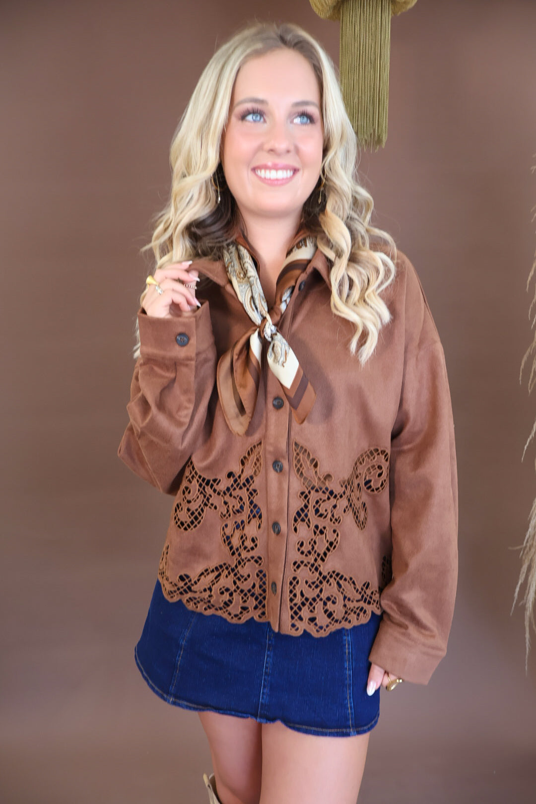Chocolate faux suede shirt jacket with sheer cutout hem