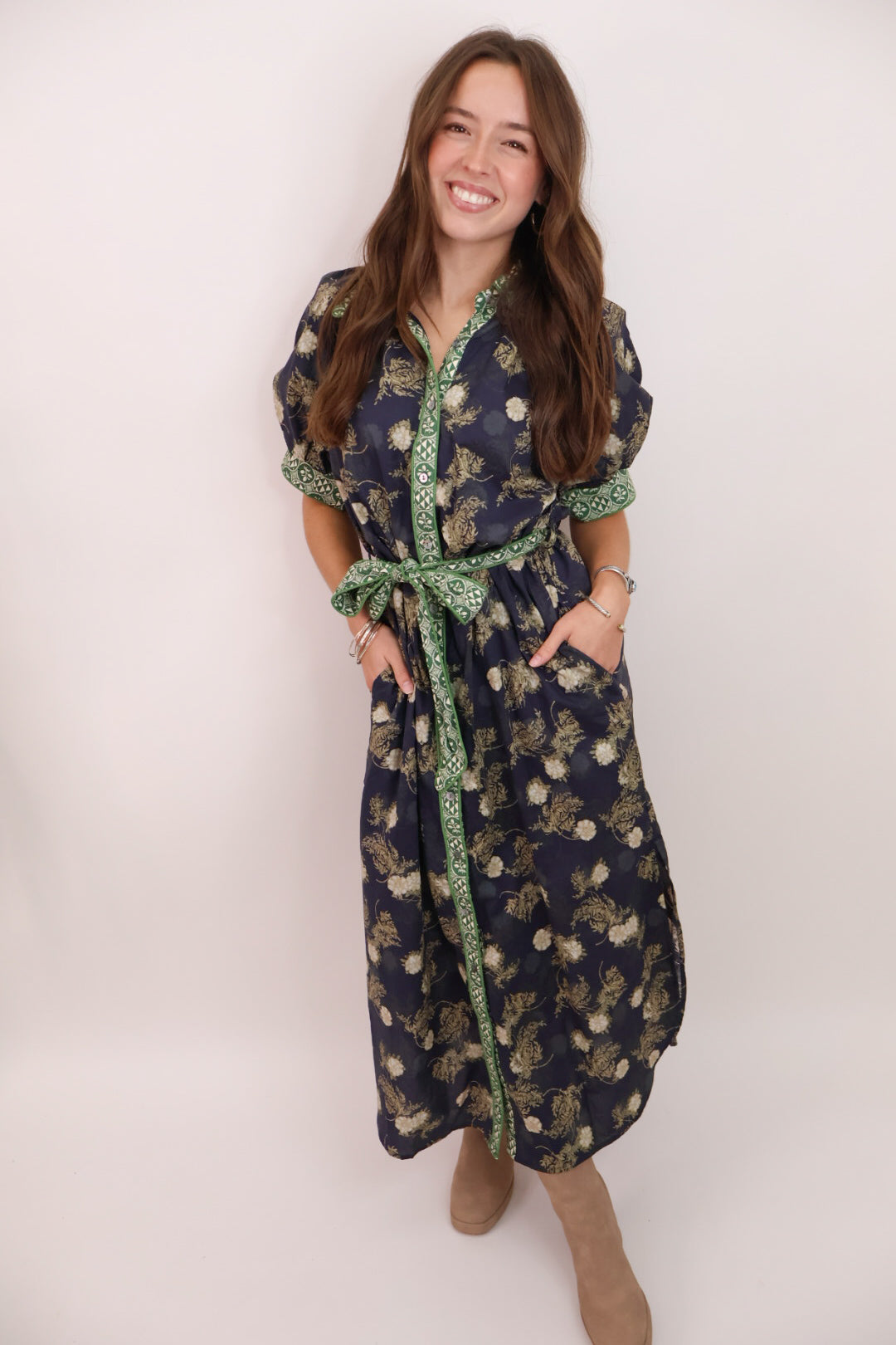 Midnight Garden Belted Midi Dress