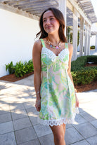Green Printed Lace Trim Mini Dress
