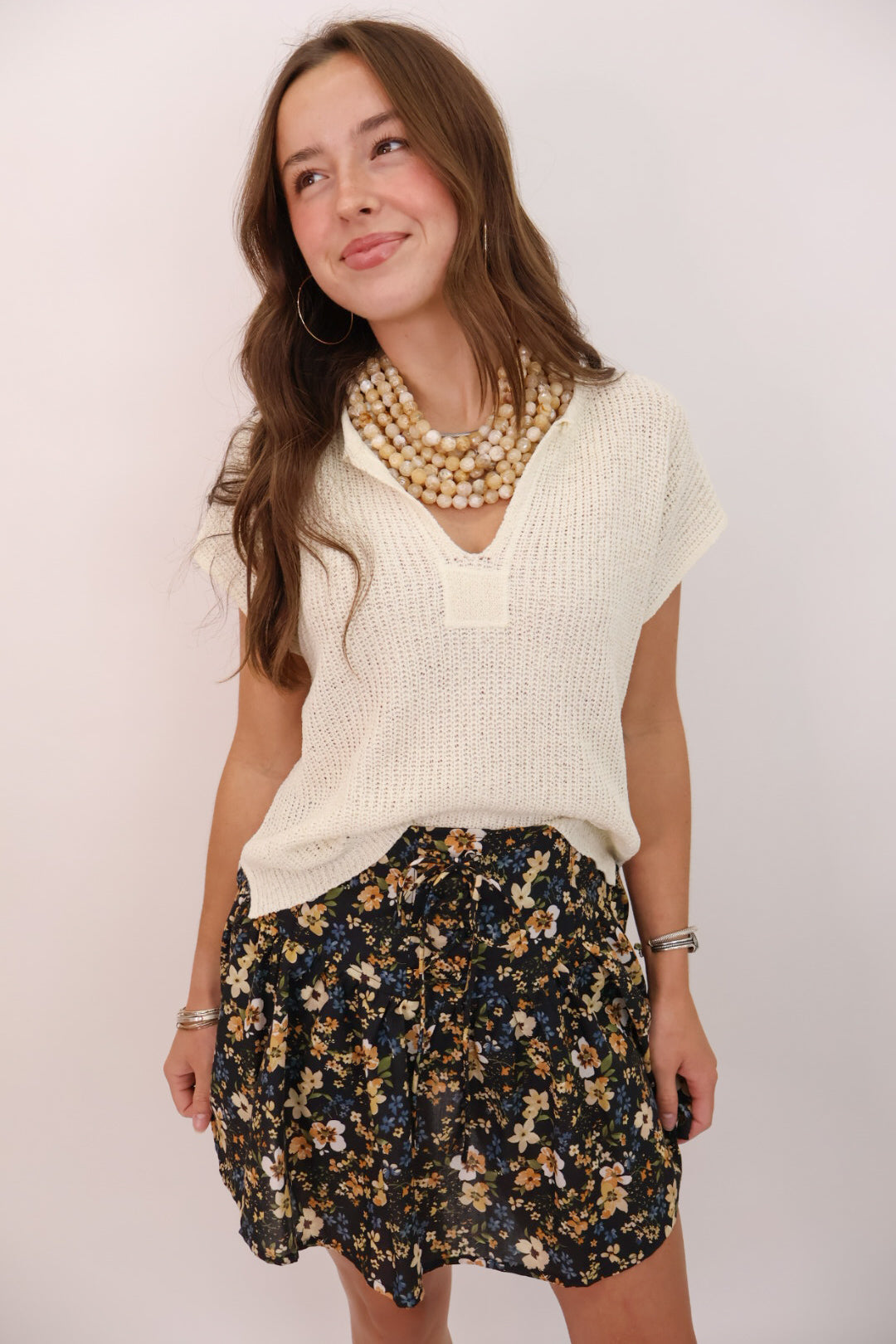 Split Neck Pullover Sweater - Cream