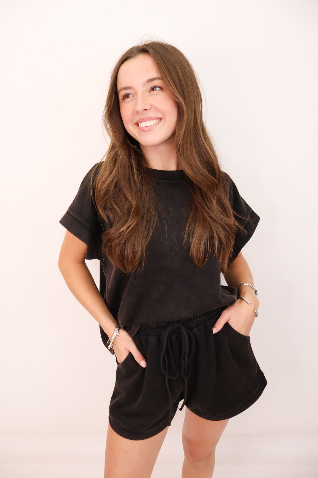 Mineral Washed Shorts Set - Black