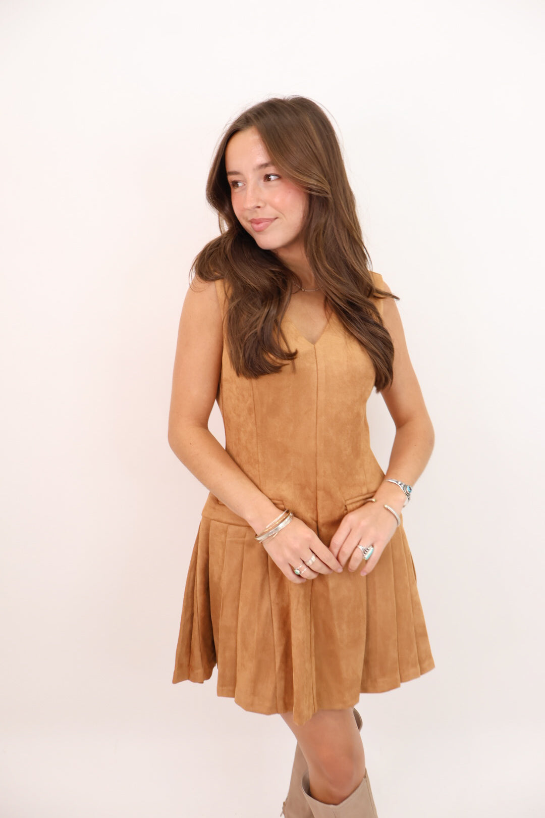 Faux Suede Pleated Mini Dress